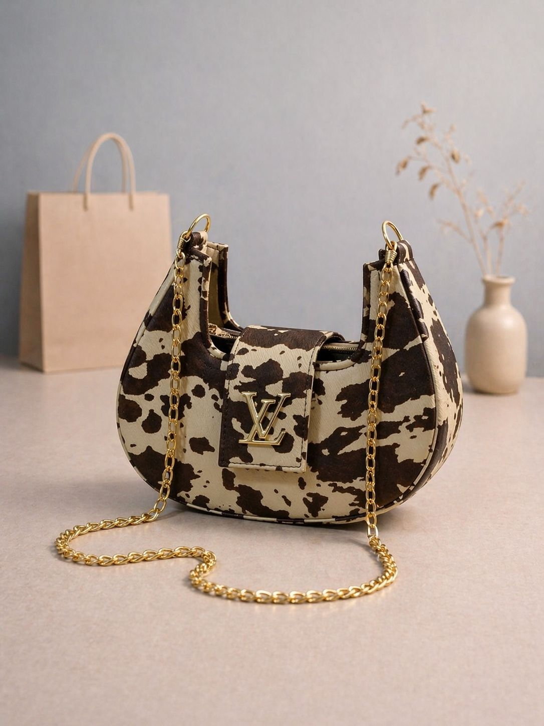 Cow Print Half Moon Bag – Premium LV Style Design